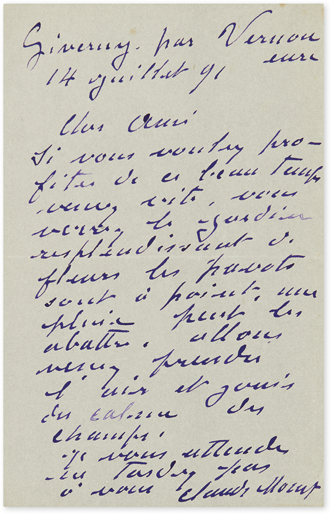MONET, CLAUDE. Autograph Letter Signed, to friend and art critic Gustave Geffroy, in French, in purple ink,